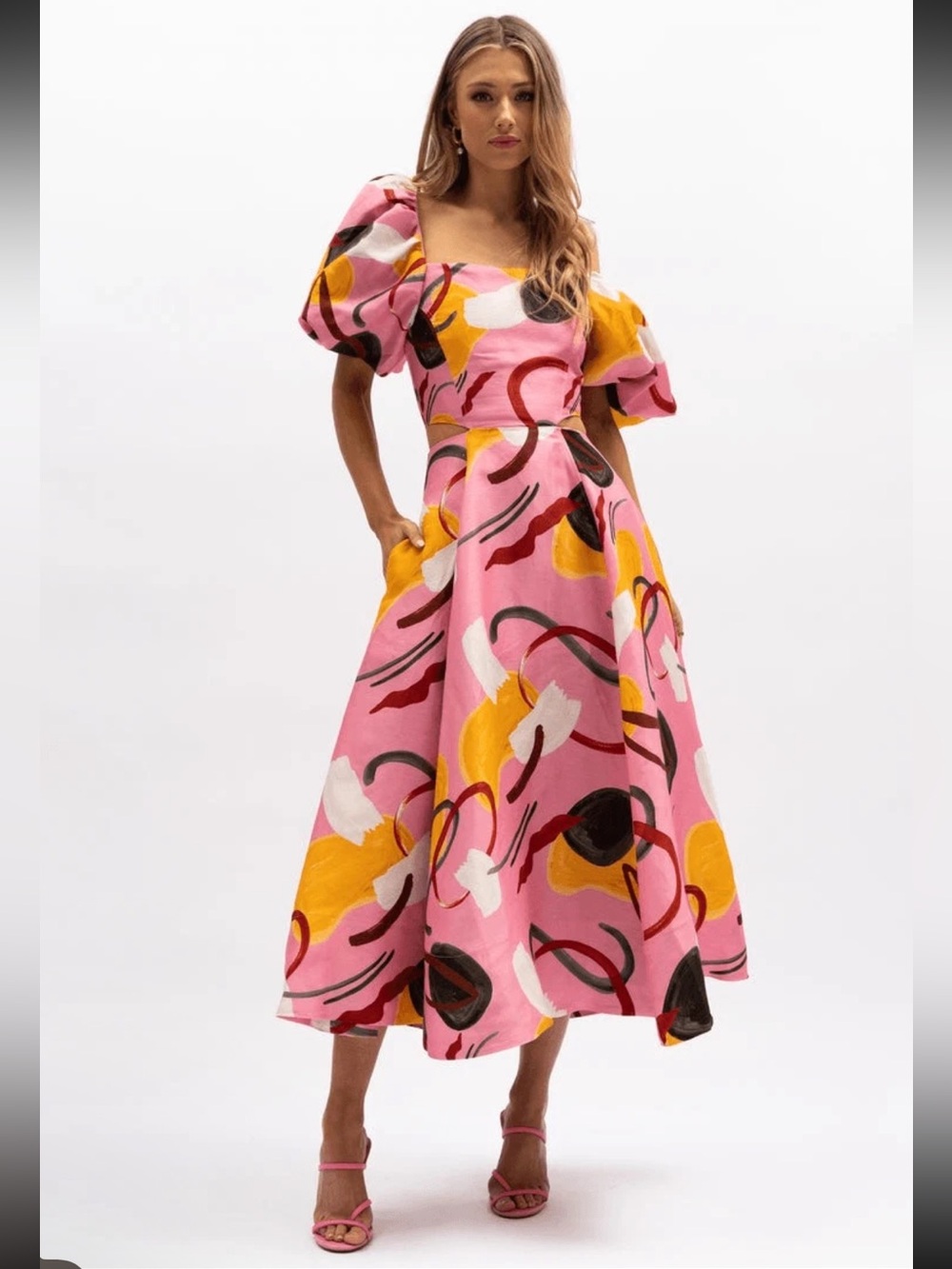 Aureta Studio Printed Puff-Sleeve Cutout Dress Size S